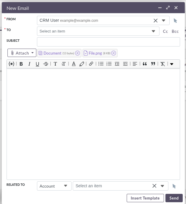 Compose modal attachment area showing a document attachment icon alongside a file upload icon