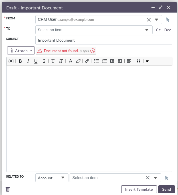 Compose modal showing a "Document not found" attachment placeholder