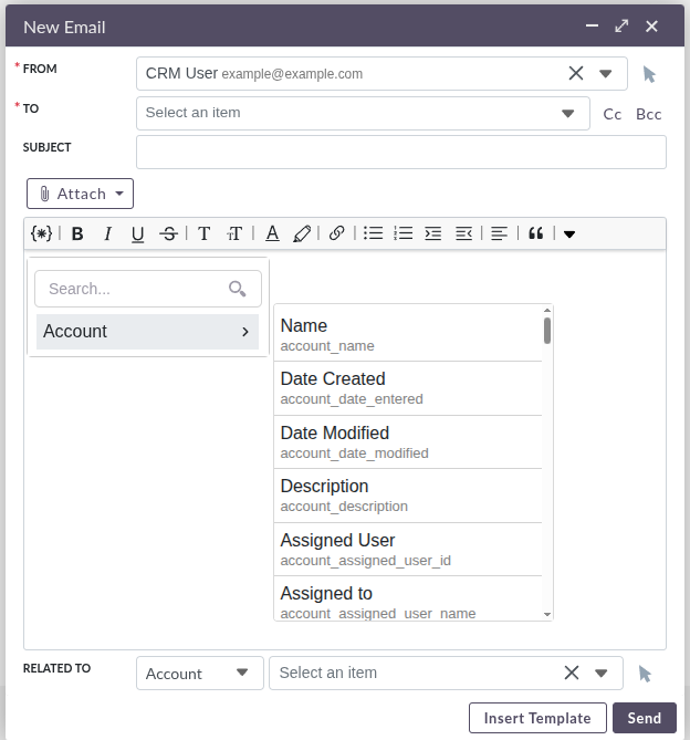 Variable Injector panel open in the email compose body toolbar